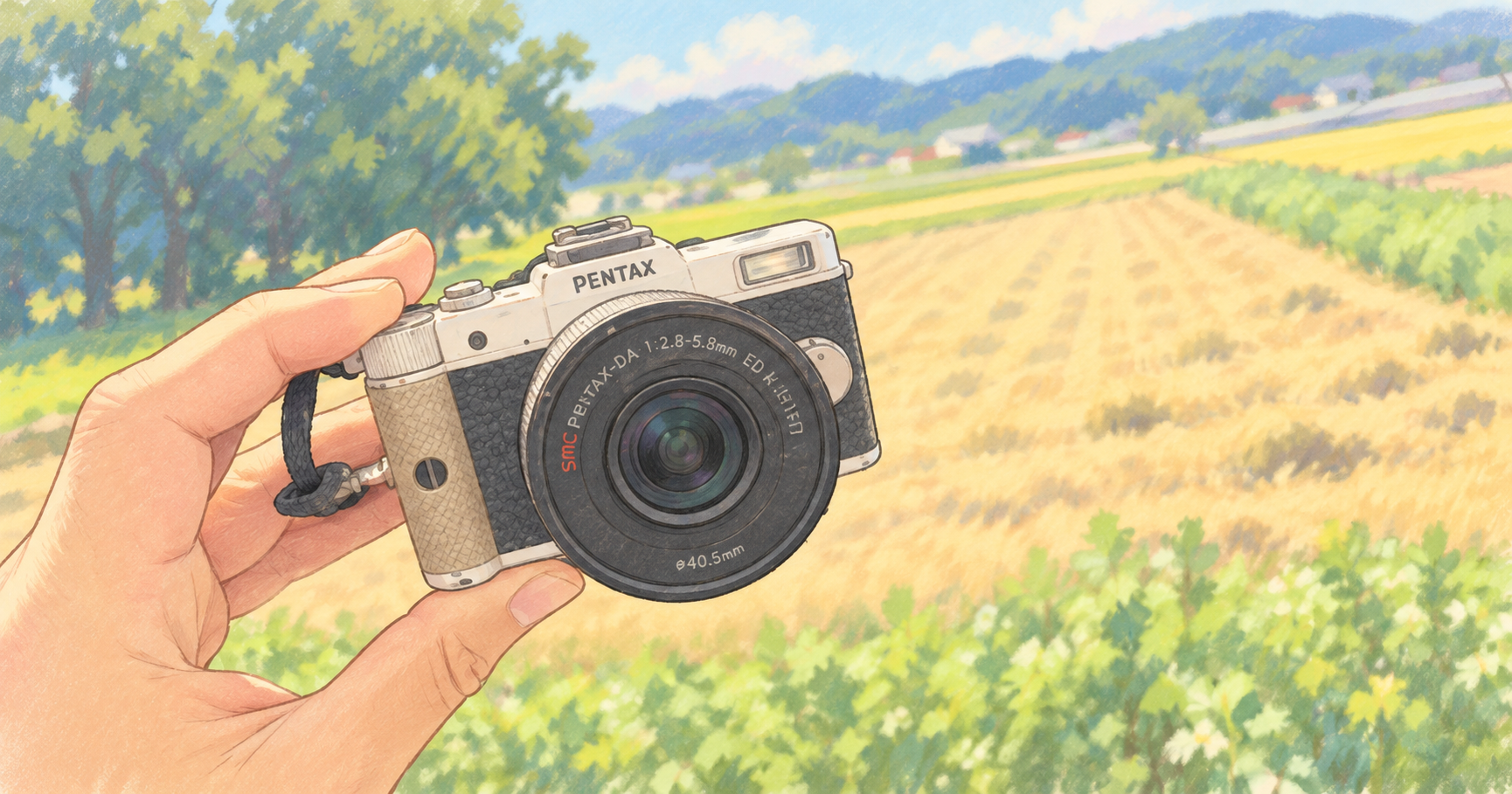 PENTAXのカメラを手に、夏の田園風景を前にしたイラスト